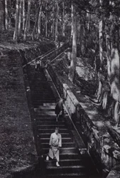 De trappen die leiden naar het graf van de Shogun Ieyasu (zwart-wit foto)