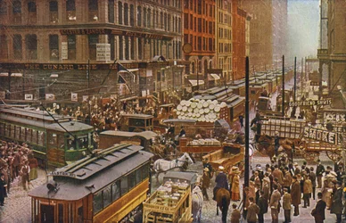 Chicago: Een drukke dag in Dearborn en Randolph Streets (kleurenfoto)