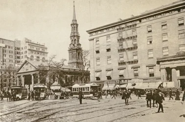 St Pauls Chapel en het Astor House, bij City Hall Park, New York City, 1892