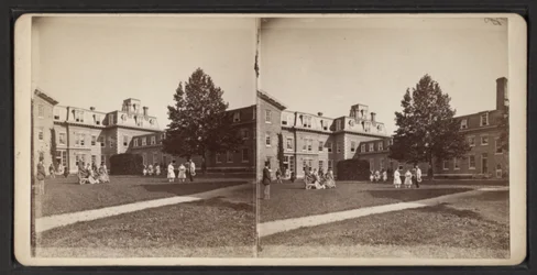 Stereoscopische weergaven van de Oneida Community, ca. 1870 (zwart-wit foto)