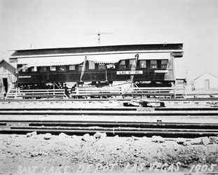 Het depot, de wachtkamer en het kaartjeskantoor van de Las Vegas Salt Lake Railroad, Nevada