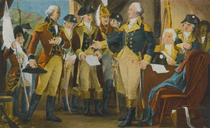 Washington slaat gebaren van Cornwallis af in Yorktown, Virginia (kleurenfoto)