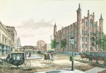 3rd Avenue en 23rd Street, Elevated Rail Road Station en het College van de Stad New York, uit 36 Views of New York and Environs, gepubliceerd door Charles Magnus