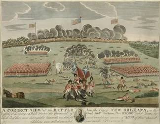 Een correct beeld van de slag bij de stad New Orleans, pub. c.1815 (handgekleurde gravure)
