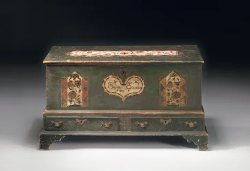 Beschilderde lift-top bruidskist, met inscriptie Susana Scheblern, waarschijnlijk Lancaster County, Pennsylvania, 1790