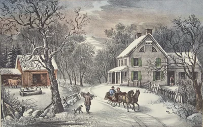 Amerikaans Landhuis - Winter, pub. 1868, Currier & Ives
