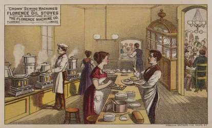 Amerikaanse handelskaart die naaimachines en oliekachels adverteert, vervaardigd door de Florence Machine Company, Massachusetts, ca. 1880s