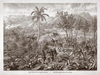 Slag bij La Quasina, bij Santiago de Cuba, pub. 1898 (gravure)