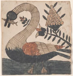 Vogel met vis, Fraktur schilderij, c.1810