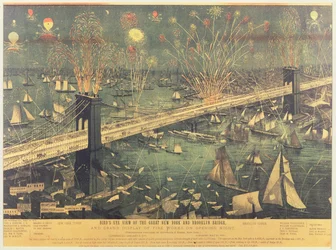 Vogelvlucht van de Grote New York en Brooklyn Bridge en het Grote Vuurwerk op de openingsavond in 1883