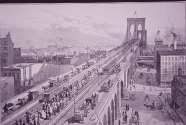 Brooklyn Bridge net na de openingsceremonie, gepubliceerd op 26 mei 1883 (gravure)