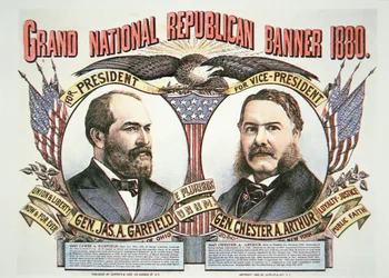 Campagneposter voor presidentskandidaat James A. Garfield (1831-81) en running mate, Chester A. Arthur (1829-86) 1880 (kleur litho)