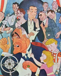 Karikaturaal commentaar op de radiotoespraken tot de natie van president Roosevelt, de 
