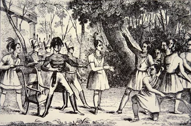 Chief Tecumseh (1768-1813) die General Harrison (1773-1841) trotseert (gravure)