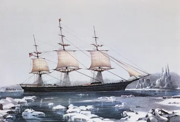Het klipperschip Red Jacket in het ijs voor Kaap Hoorn op zijn reis van Australië naar Liverpool, uitgegeven door Currier en Ives, 1854