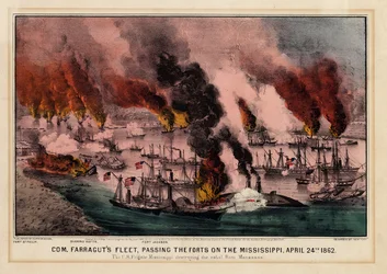 Com. Farraguts vloot, passeert de forten aan de Mississippi, 24 april 1862, uitgegeven door Currier & Ives, 1862