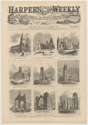Omslag van Harpers Weekly met scènes van de verwoeste kerken van Chicago, 11 november 1871