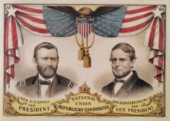 Verkiezingsposter voor de Amerikaanse presidentsverkiezingen van 1868 met afbeelding van Ulysses S. Grant en Schuyler Colfax, 1868