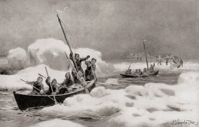 Elisha Kent Kane, leider van de Tweede Grinnell-expeditie van 1853, op zoek naar de verloren expeditie van kapitein Sir John Franklin in de Arctische gebieden, uit De Geschiedenis van Ons Land, gepubliceerd in 1905 (litho)