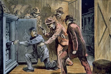 Frank en Jesse James bende beroven de expreswagen van een trein in 1879