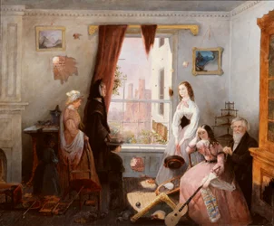 Fredericksburg familie in een door oorlog verscheurd huis (olieverf op board)
