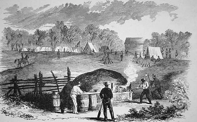 Vers brood! - Impromptu oven gebouwd door het 19e Regiment, New York Vrijwilligers, in de divisie van Generaal Banks, West-Maryland (gravure)