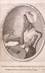 Frontispice portret van de auteur, Phillis Wheatley, uit het boek 
