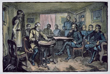 Generaal Robert E. Lee (1807-70) geeft zich over aan generaal Ulysses S. Grant (1822-85) bij Appomattox Courthouse, 9 april 1865