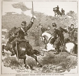 Generaal Sheridan verandert nederlaag in overwinning bij Cedar Creek, uit een boek gepubliceerd in 1896