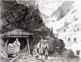 Goud- en zilvermijnbouw, Colorado - Een honingraatberg, naar een tekening van Frenzeny en Tavernier