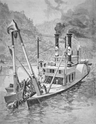 Overheidsboot die boomstammen of obstakels uit de Mississippi verwijdert, c.1870