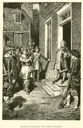 Gouverneur Berkeley en de opstandelingen (litho)