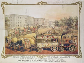 Grote processie van de Steam Calliope getrokken door een team van zes olifanten in de stad New York, 1857
