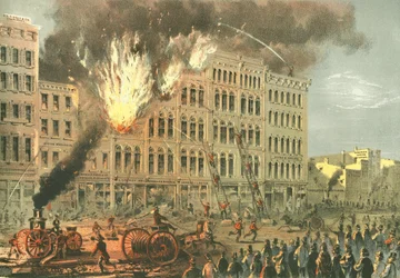 Grote brand op Lake Street, uit Chicago Illustrated, met literaire beschrijvingen door James W. Sheahan, uitgegeven door Jevne & Almini, Chicago, 1866-67