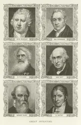 Grote Uitvinders, Sir R Arkwright, George Stephenson, S F B Morse, James Watt, Bernard Palissy, Eli Whitney