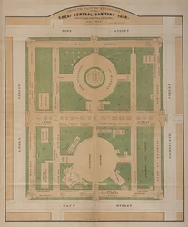 Grondplan van gebouwen van de Great Central Sanitary Fair, Logan Square, juni 1864