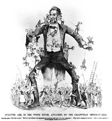 Gulliver Abe, in het Witte Huis, aangevallen door de Lilliputaanse ambtenarenzoekers, uit Frank Leslies Budget of Fun, 15 maart 1861