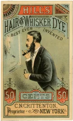 Hills Haar- en Bakkebaardverf, Beste Ooit Uitgevonden, C.N. Crittenton, Eigenaar, New York. Handelskaart, recto.