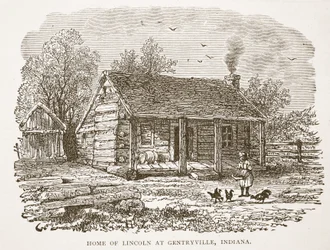 Huis van Lincoln in Gentryville, Indiana, uit een boek gepubliceerd in 1896