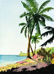 Illustratie van strandparadijs met palmbomen