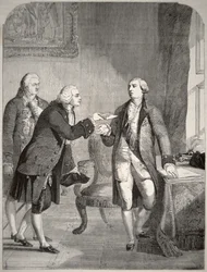 John Adams (1735-1826) als de eerste Amerikaanse ambassadeur aan het Engelse hof, die zijn geloofsbrieven overhandigt aan koning George III (1738-1820)