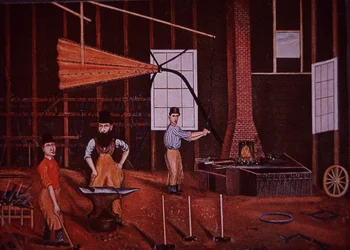 John Mohler Studebaker (midden), Duits-Amerikaanse wagenmaker in werkplaats, ca. 1858