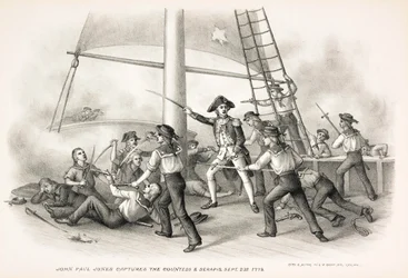 John Paul Jones neemt de Countess & Serapis gevangen, 23 september 1779, pub.1885