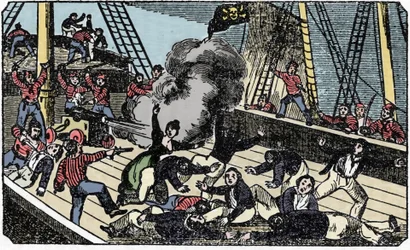 De dood van de piratenedelman Jean Lafitte (1780-1826), gravure uit The pirate own book 1837.