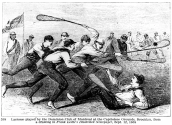 Lacrosse gespeeld door de Dominion Club van Montreal op de Capitoline Grounds, Brooklyn, uit een tekening in Frank Leslie