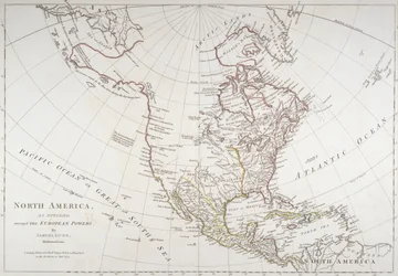 Kaart die Noord-Amerika toont zoals verdeeld door de Europese mogendheden, 1774