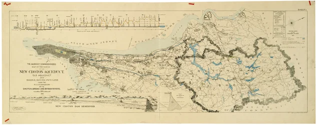 Kaart van het nieuwe Croton Aquaduct, oude aquaduct en Bronx River pijpleiding ook de stroomgebieden van de Croton, Bronx