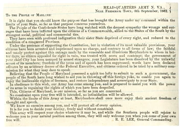 Boodschap aan de mensen van Maryland om de Confederatie te steunen, 8 september 1862