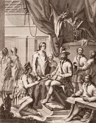 Montezuma draagt zijn rijk over aan de Koning van Spanje, geeft hem een eerbetoon en belooft zijn gehoorzaamheid, uit Antonio de Solis y Rivadeneira Solis Geschiedenis van de Verovering van Mexico, gegraveerd door Ximeno