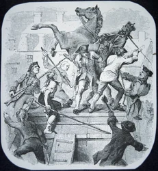 New York rebellen trekken het standbeeld van de gehate George III van Engeland omver
